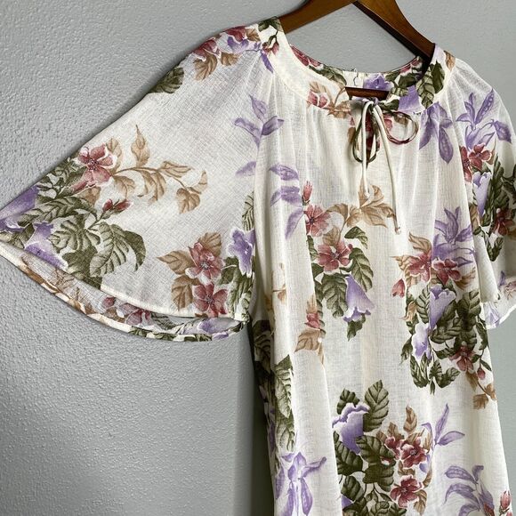 VTG Mynette Women's 14 Dress Sheer Tropical Floral Cream Flutter Sleeve 70's - Picture 5 of 14